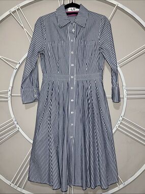 Eliza J Navy and White Striped Long-Sleeve Shirt Dress